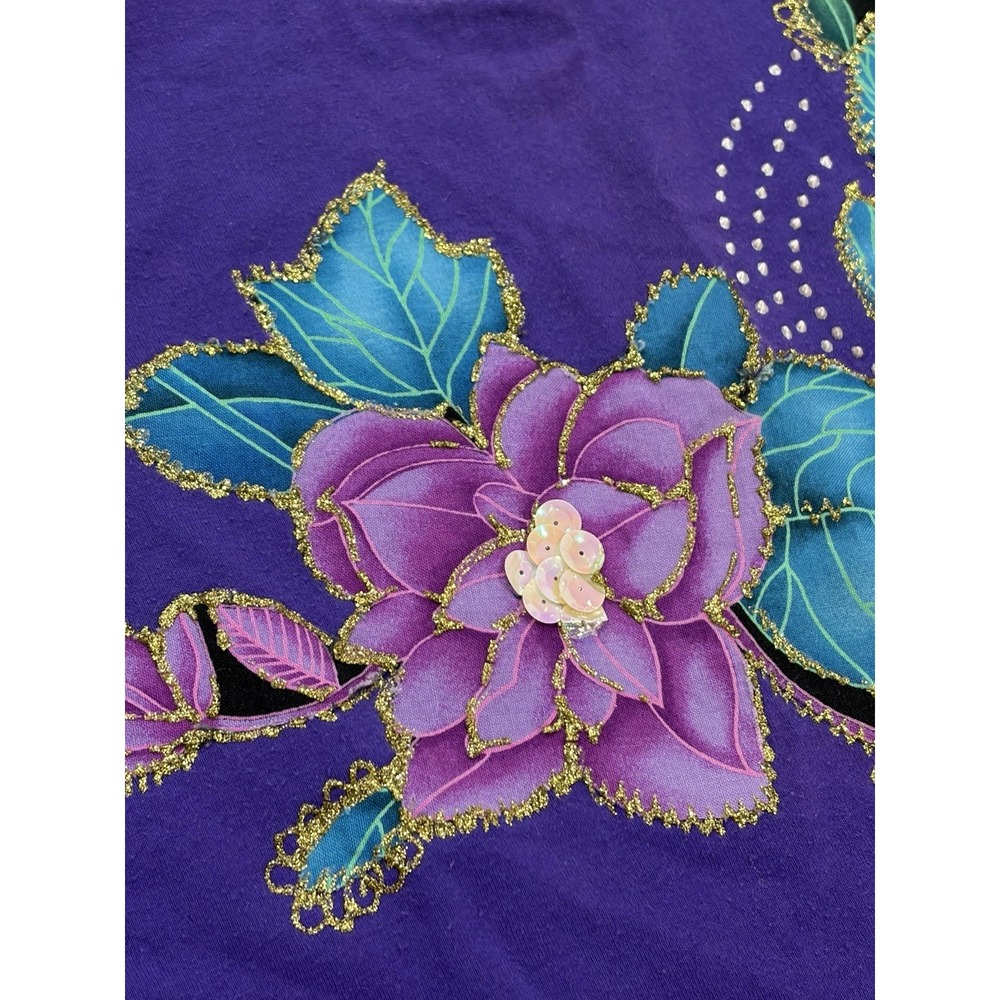 Vintage 80s Flowers Rhinestones Sequins Tee Purple Medium USA‎ Made Cottagecore - Picture 5 of 9